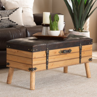 Baxton Studio DE03A-5282-Brown-Otto-Large Baxton Studio Amena Rustic Transitional Dark Brown PU Leather Upholstered and Oak Finished Wood Large Storage Ottoman